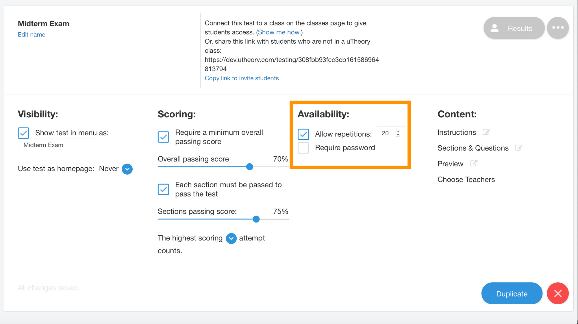 Image of test availability settings