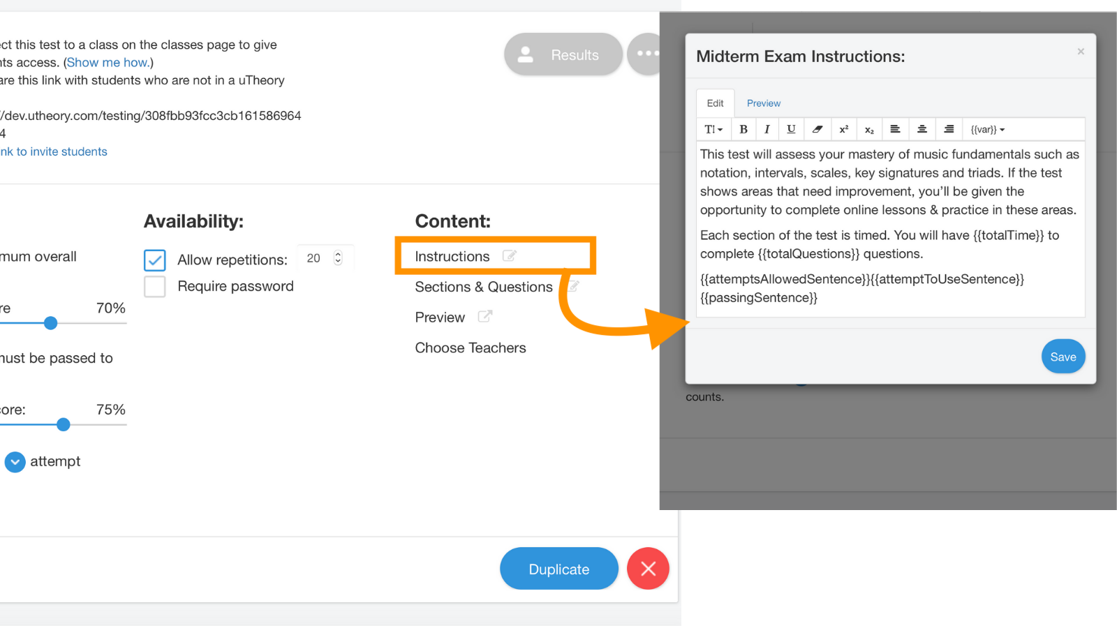 Image of test instructions and editable instruction window