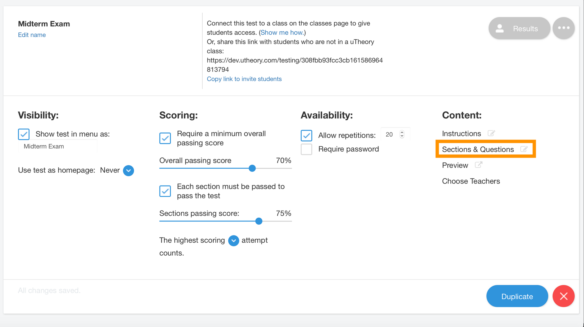 Image of test sections and questions
