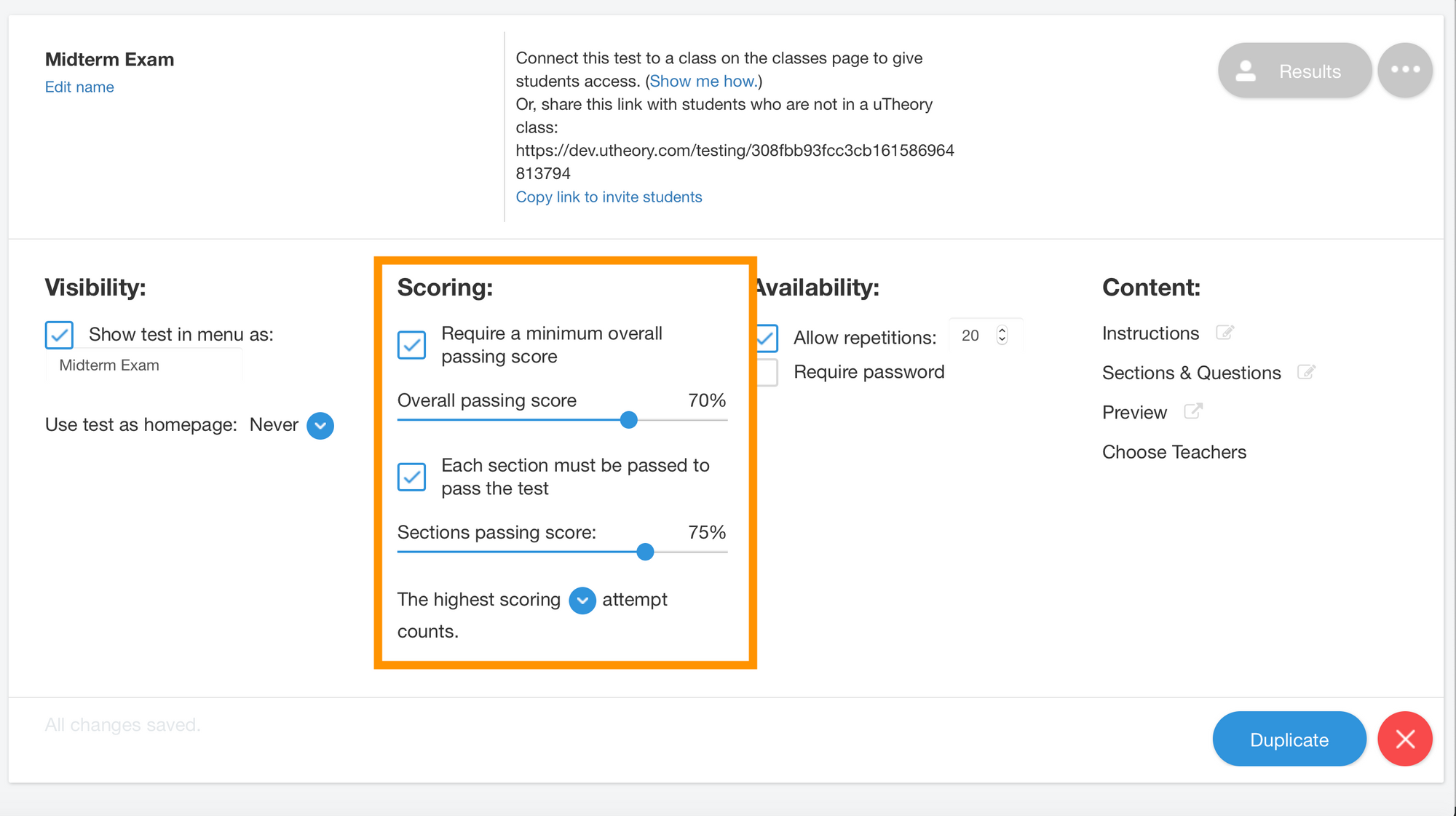 Image of test scoring settings