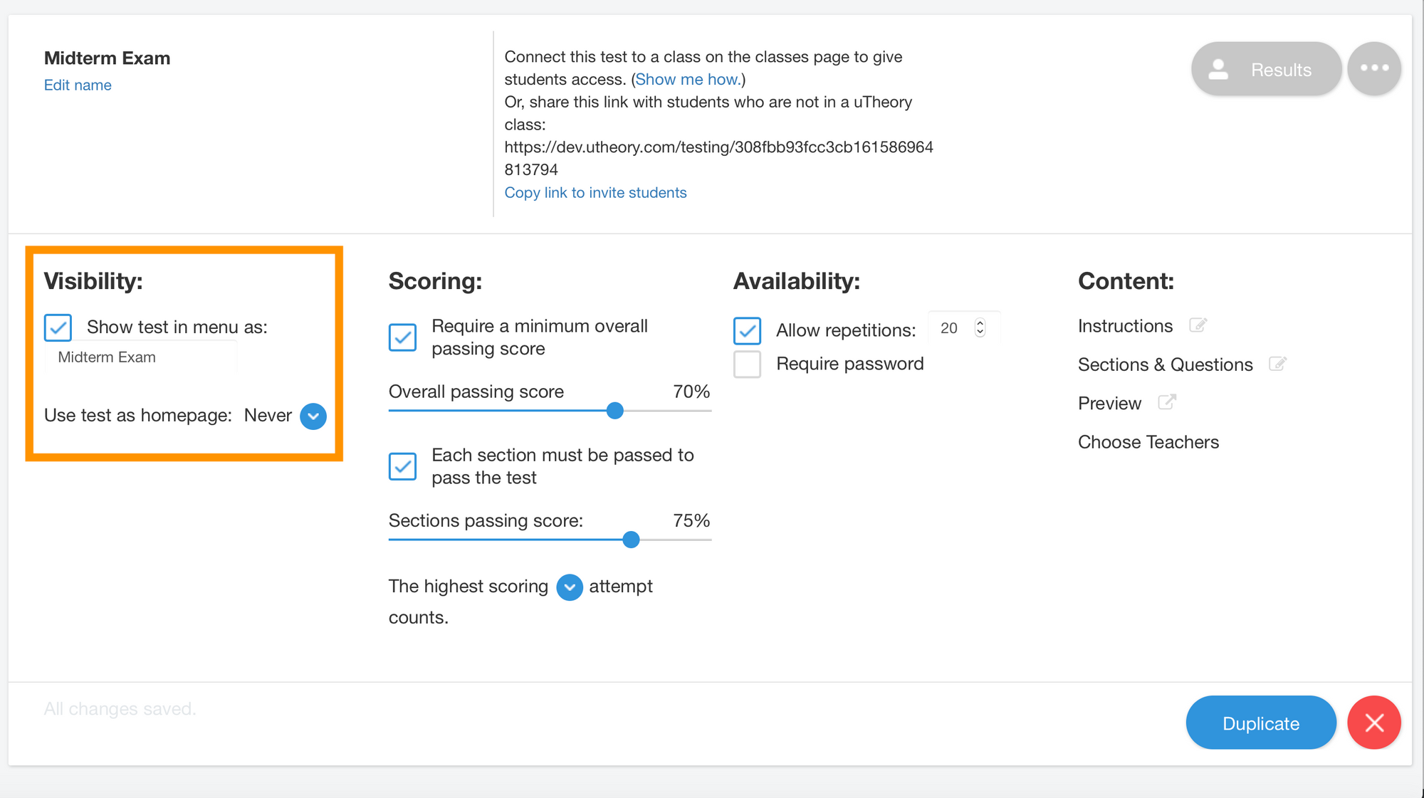 Image of test availability settings