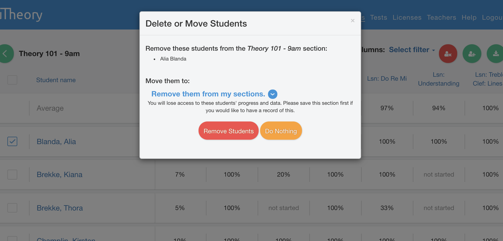 remove students pop up window