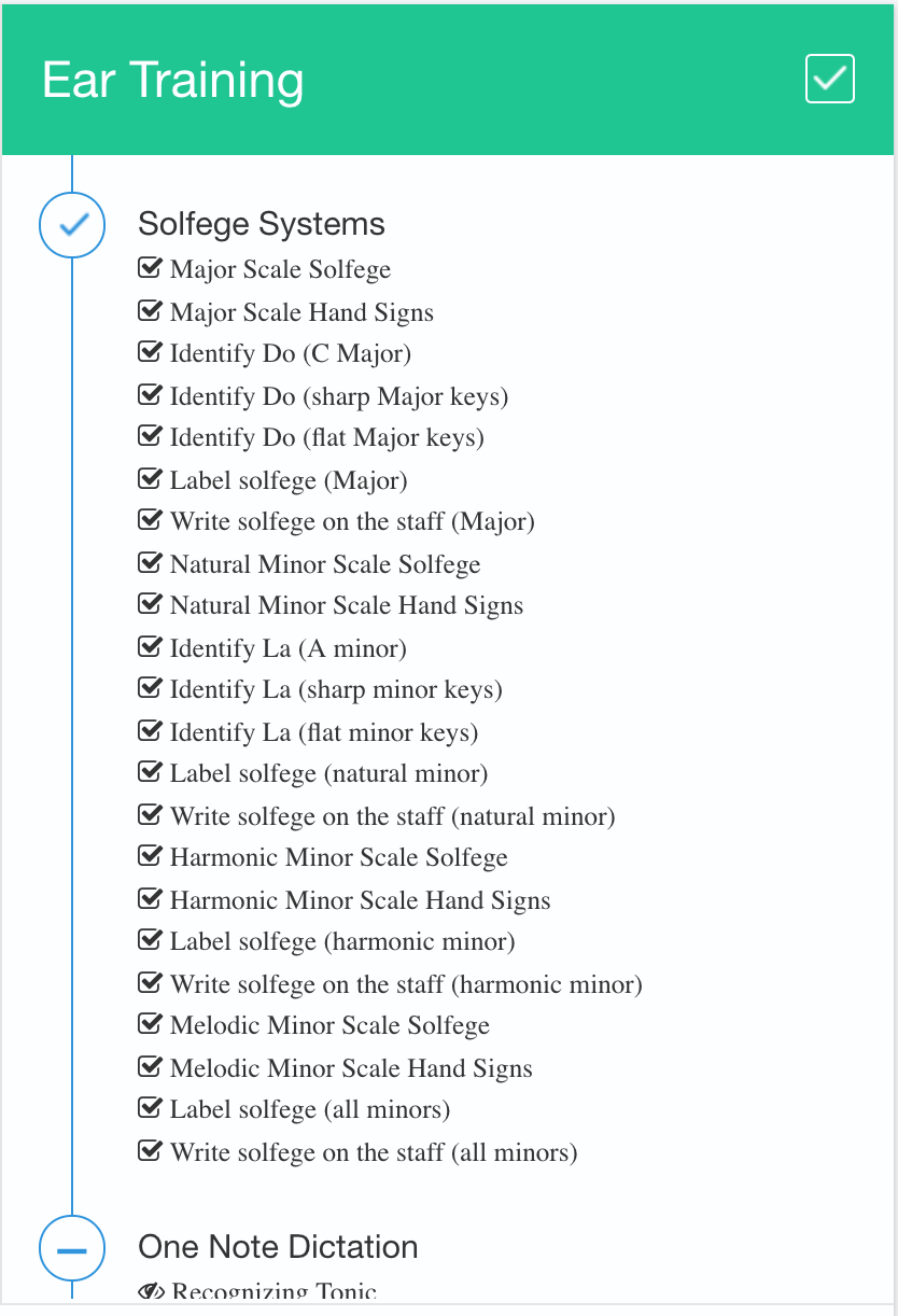 Image showing the Ear Training portion of the skills selection page on uTheory, showing the topic Solfege Systems checked, and all of its child skills checked: Major Scale Solfege, Minor Scale Solfege, Identify Do (C Major), Identify Do (Sharp Major Keys), Identify Do (Flat Major Keys), Label Solfege (Major), Write solfege on the staff (Major), Natural Minor Scale Solfege, Natural Minor Scale Hand Signs, Identify La (A minor), Identify La (sharp minor keys), Identify La (flat minor keys), Label Solfege (natural minor), Write solfege on the staff (natural minor), Harmonic Minor Scale Solfege, Harmonic Minor Scale Hand Signs, Label solfege (harmonic minor), Write solfege on the staff (harmonic minor), Melodic minor scale solfege, Melodic minor scale hand signs, label solfege, write solfege on the staff (all minors).