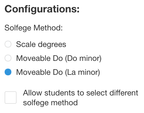 Solfege configuration options from uTheory class settings, showing Moveable Do (La minor) selected, among the choices Scale Degrees, Moveable Do (Do Minor) and Moveable Do (La minor). A checkbox "Allow students to select different solfege method" is unchecked.