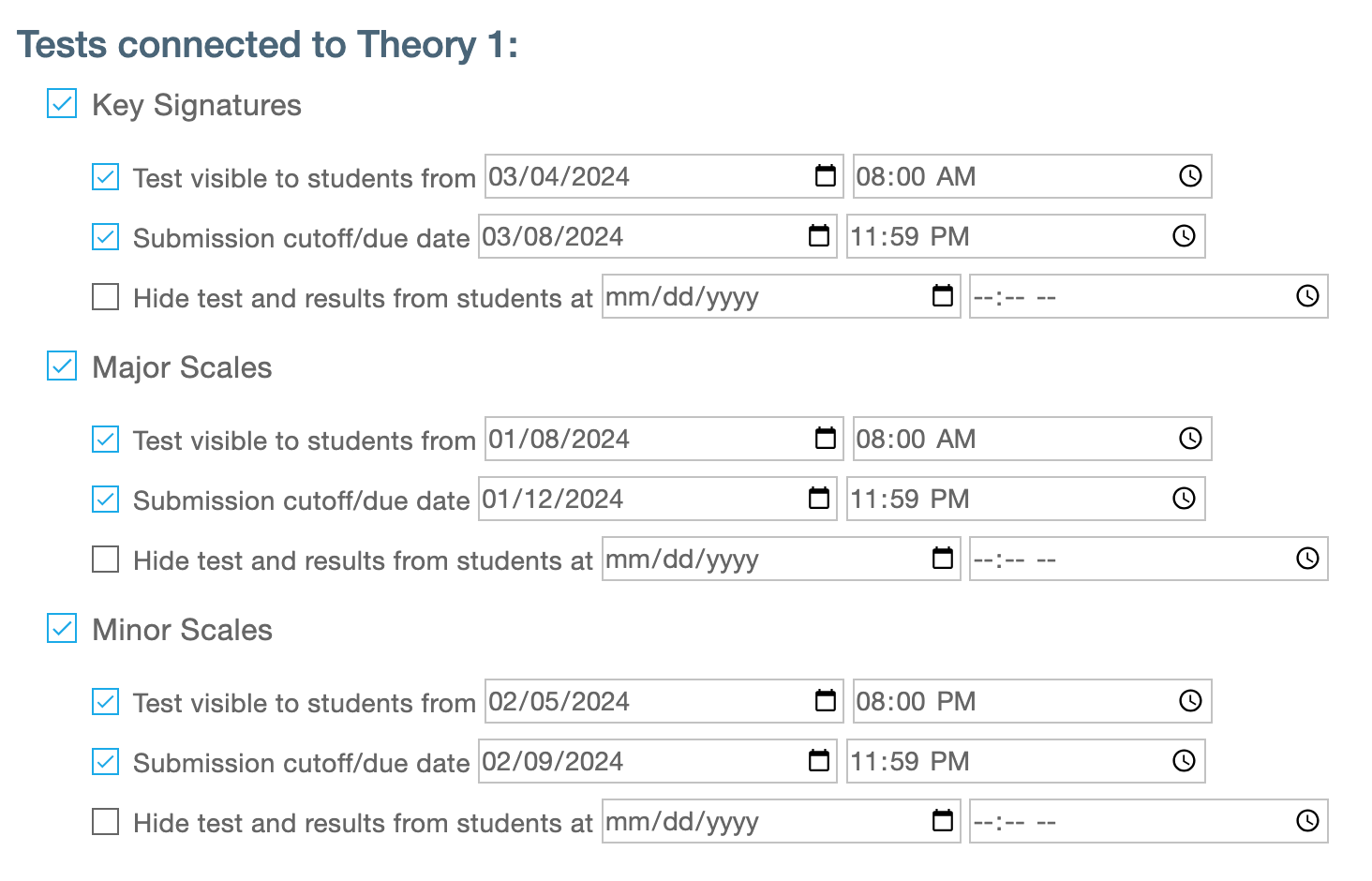 Image with new test due date settings for tests connected to classes